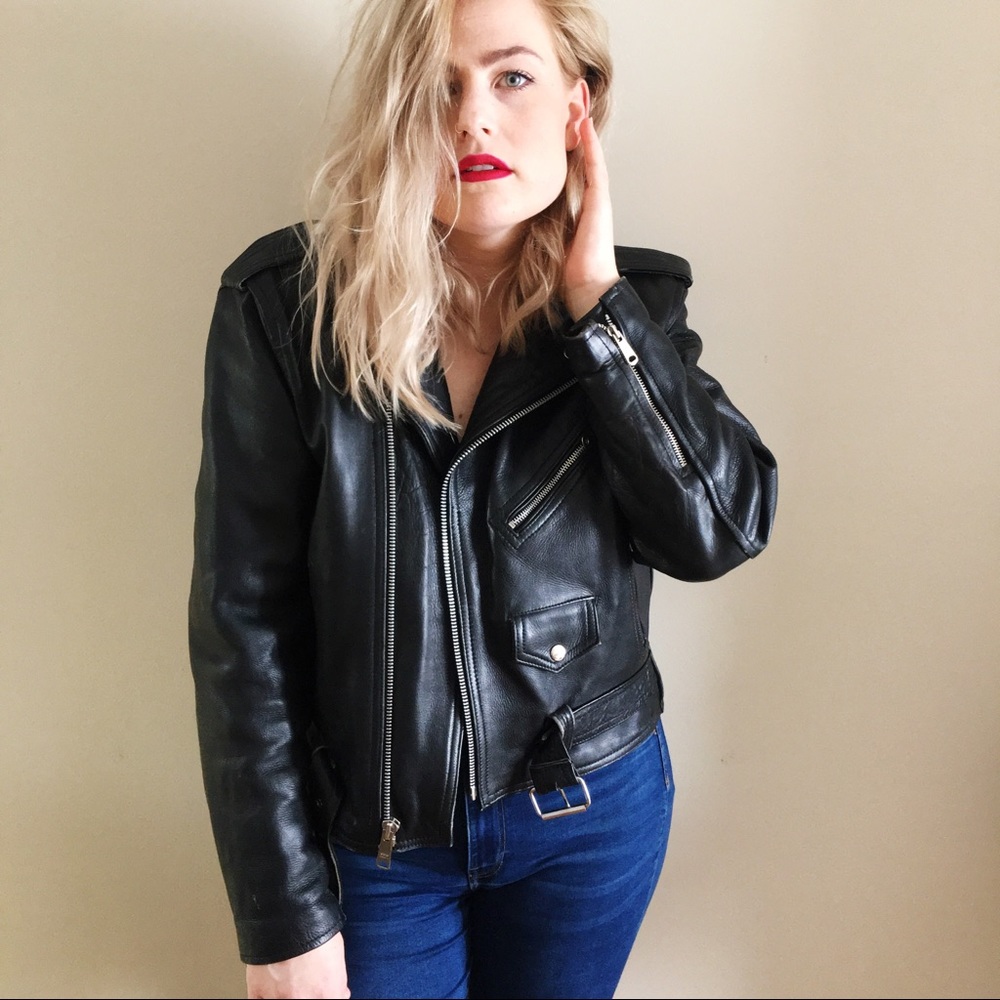 VINTAGE Black Leather Biker Jacket